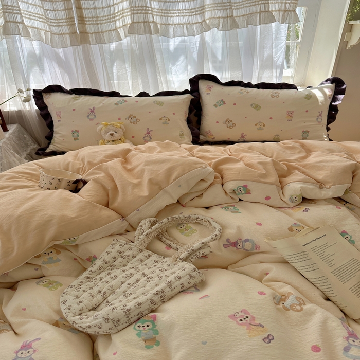 91家纺网 家纺一手货源 找家纺 顾里家纺 2025新款韩系花边皱皱纱四件套 动物园