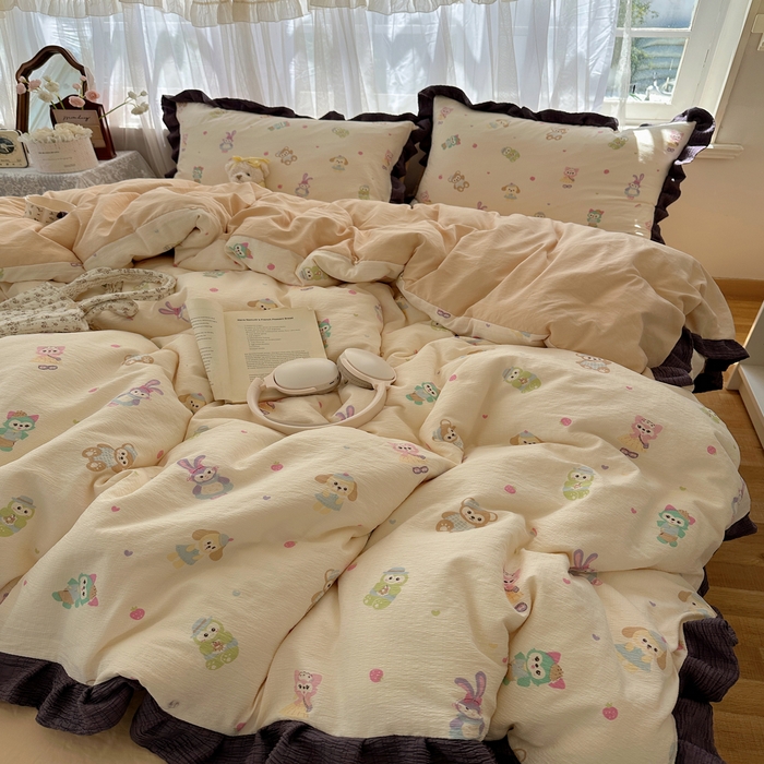 91家纺网 家纺一手货源 找家纺 顾里家纺 2025新款韩系花边皱皱纱四件套 动物园