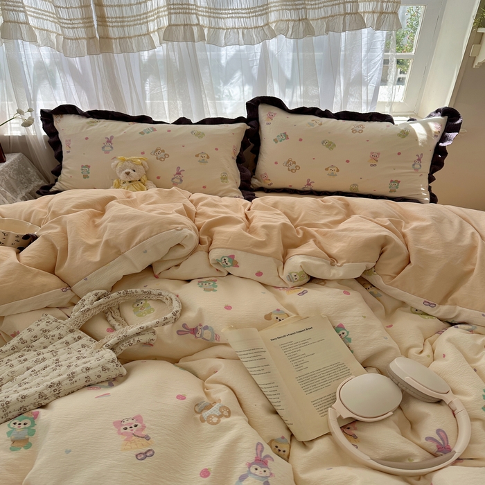 91家纺网 家纺一手货源 找家纺 顾里家纺 2025新款韩系花边皱皱纱四件套 动物园