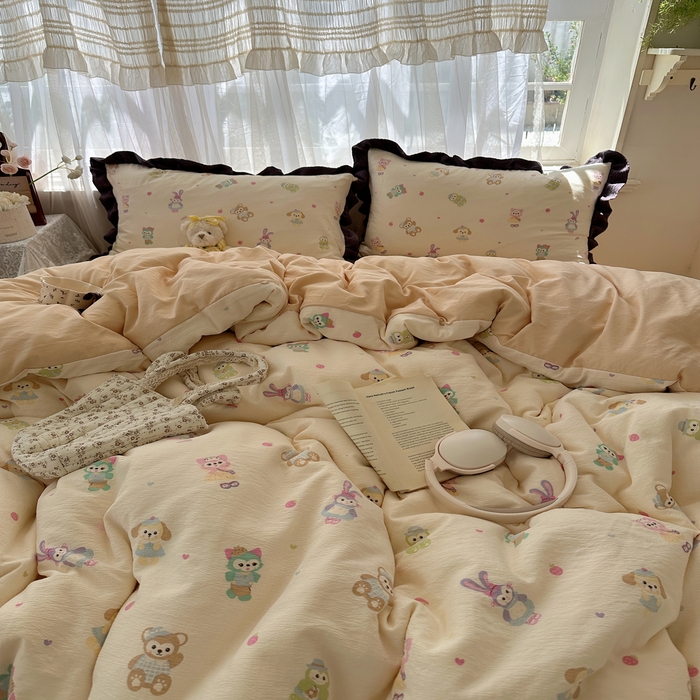 91家纺网 家纺一手货源 找家纺 顾里家纺 2025新款韩系花边皱皱纱四件套 动物园