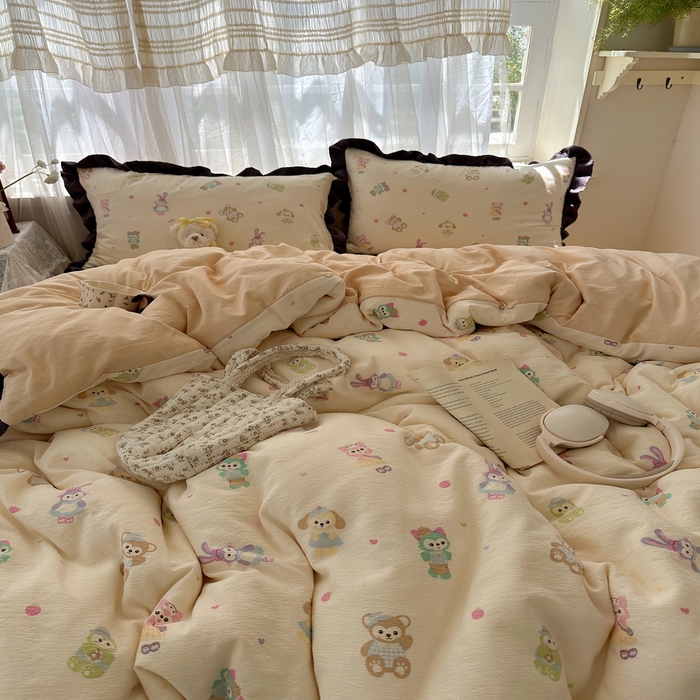 91家纺网 家纺一手货源 找家纺 顾里家纺 2025新款韩系花边皱皱纱四件套 动物园