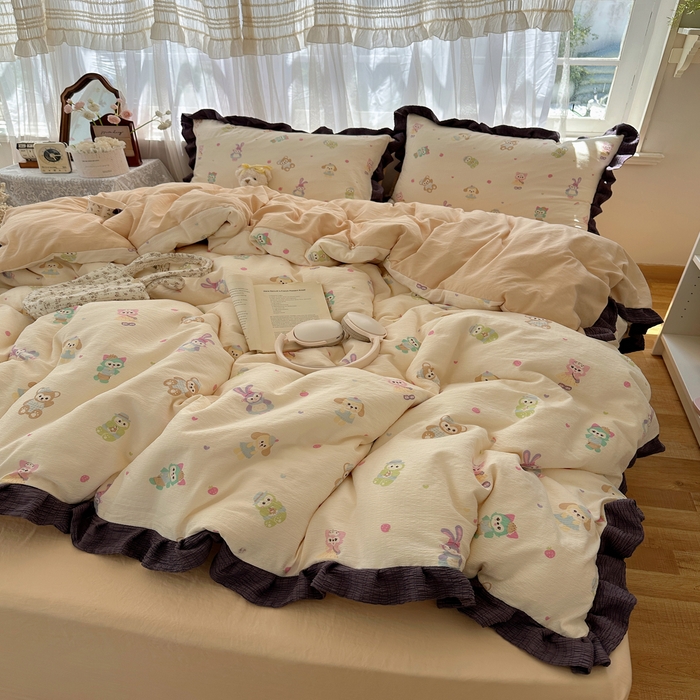 91家纺网 家纺一手货源 找家纺 顾里家纺 2025新款韩系花边皱皱纱四件套 动物园