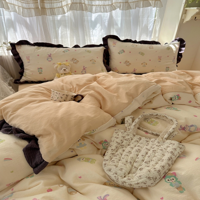 91家纺网 家纺一手货源 找家纺 顾里家纺 2025新款韩系花边皱皱纱四件套 动物园