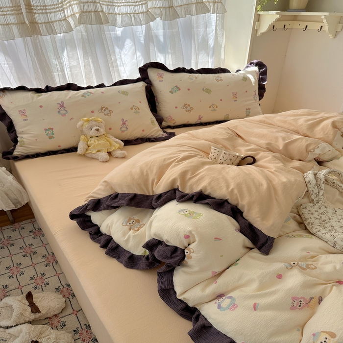 91家纺网 家纺一手货源 找家纺 顾里家纺 2025新款韩系花边皱皱纱四件套 动物园