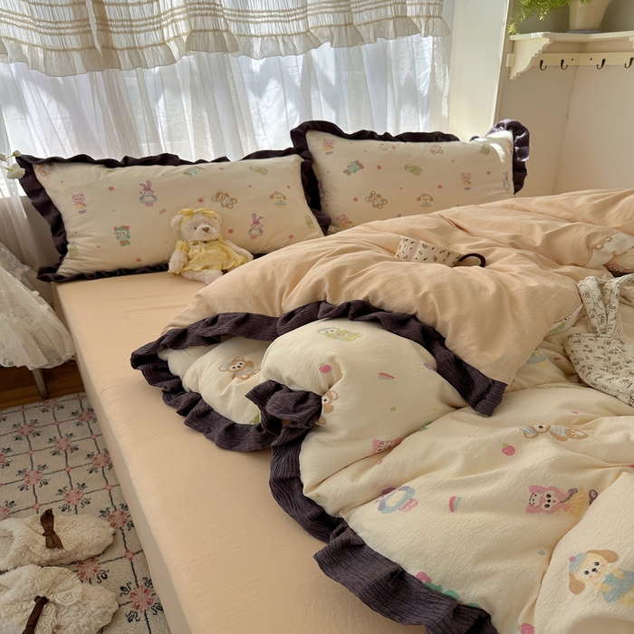 91家纺网 家纺一手货源 找家纺 顾里家纺 2025新款韩系花边皱皱纱四件套 动物园