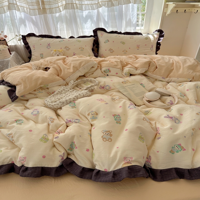 91家纺网 家纺一手货源 找家纺 顾里家纺 2025新款韩系花边皱皱纱四件套 动物园