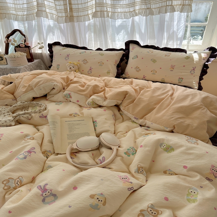 91家纺网 家纺一手货源 找家纺 顾里家纺 2025新款韩系花边皱皱纱四件套 动物园