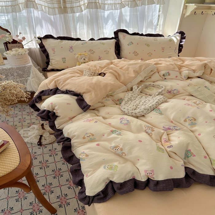 91家纺网 家纺一手货源 找家纺 顾里家纺 2025新款韩系花边皱皱纱四件套 动物园