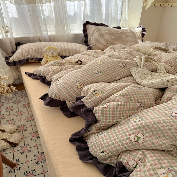 91家纺网 家纺一手货源 找家纺 顾里家纺 2025新款韩系花边皱皱纱四件套 复古西高地