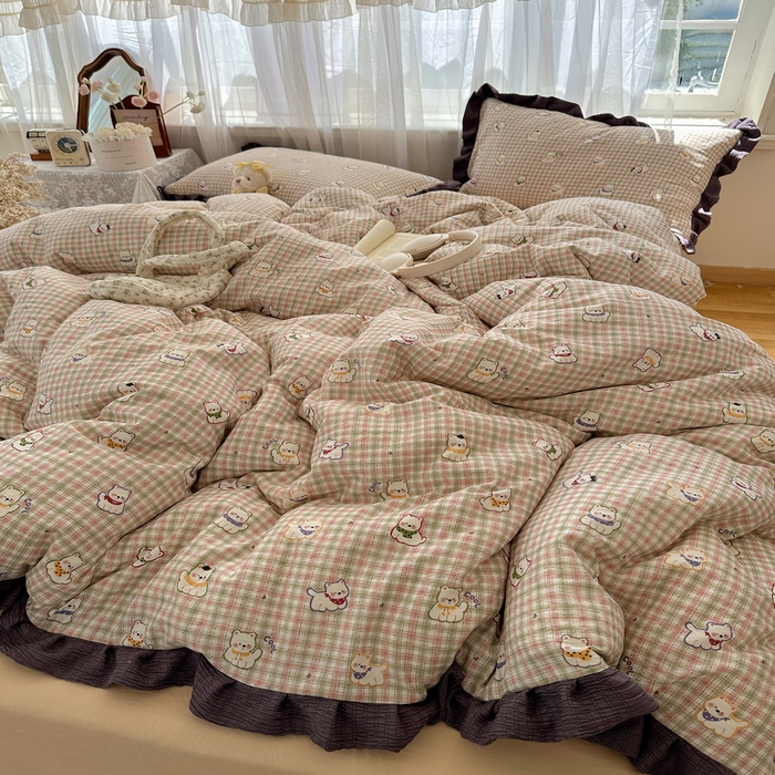 91家纺网 家纺一手货源 找家纺 顾里家纺 2025新款韩系花边皱皱纱四件套 复古西高地