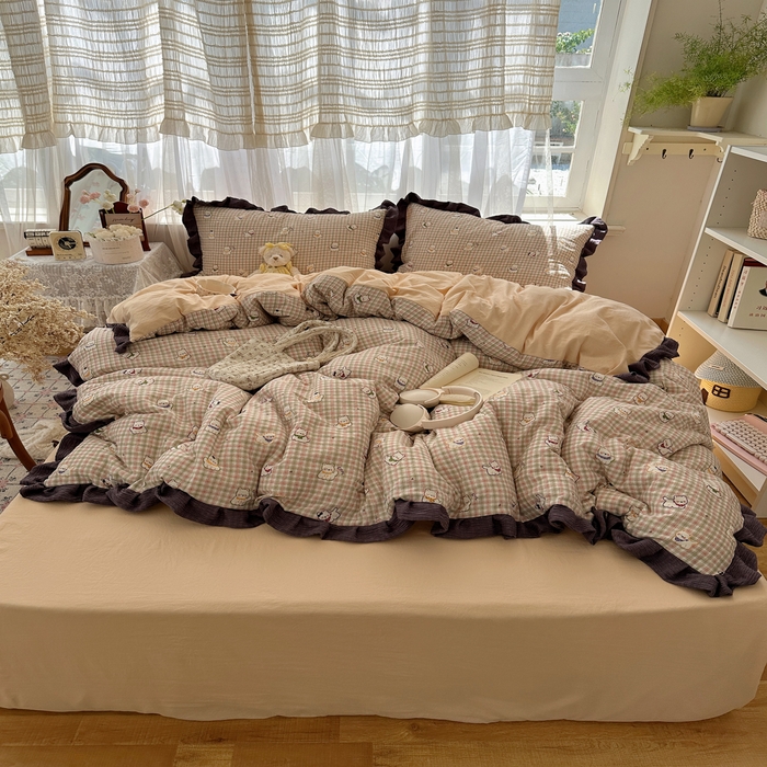 91家纺网 家纺一手货源 找家纺 顾里家纺 2025新款韩系花边皱皱纱四件套 复古西高地