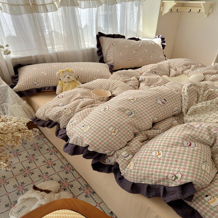 91家纺网 家纺一手货源 找家纺 顾里家纺 2025新款韩系花边皱皱纱四件套 复古西高地