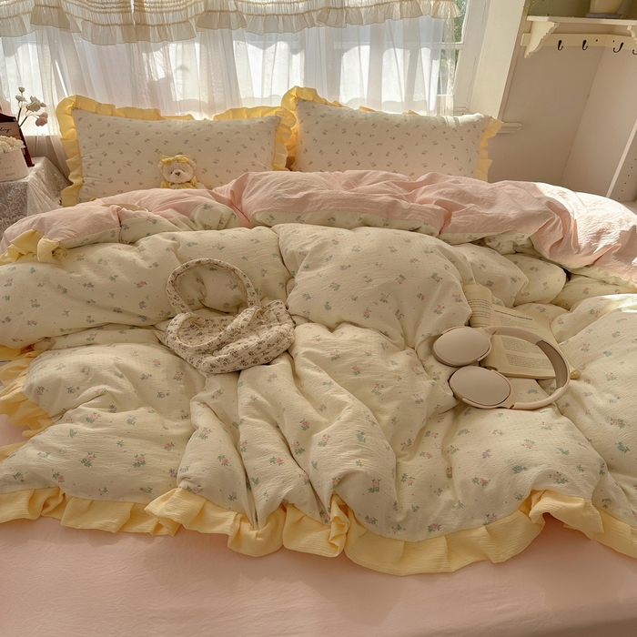 91家纺网 家纺一手货源 找家纺 顾里家纺 2025新款韩系花边皱皱纱四件套 韩系花花