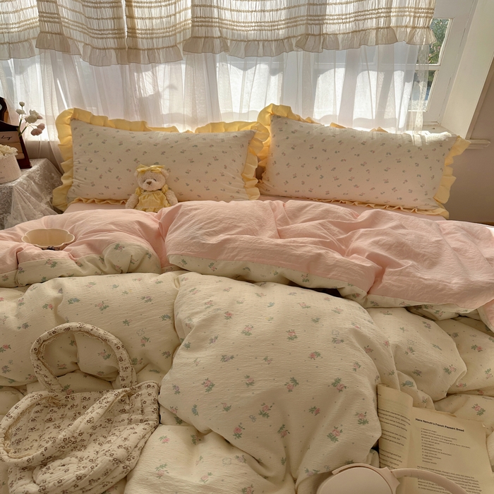 91家纺网 家纺一手货源 找家纺 顾里家纺 2025新款韩系花边皱皱纱四件套 韩系花花