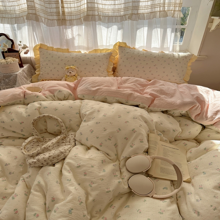 91家纺网 家纺一手货源 找家纺 顾里家纺 2025新款韩系花边皱皱纱四件套 韩系花花