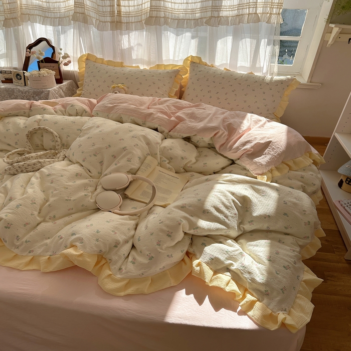 91家纺网 家纺一手货源 找家纺 顾里家纺 2025新款韩系花边皱皱纱四件套 韩系花花