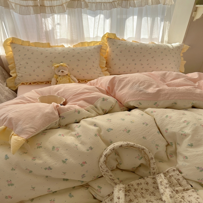 91家纺网 家纺一手货源 找家纺 顾里家纺 2025新款韩系花边皱皱纱四件套 韩系花花