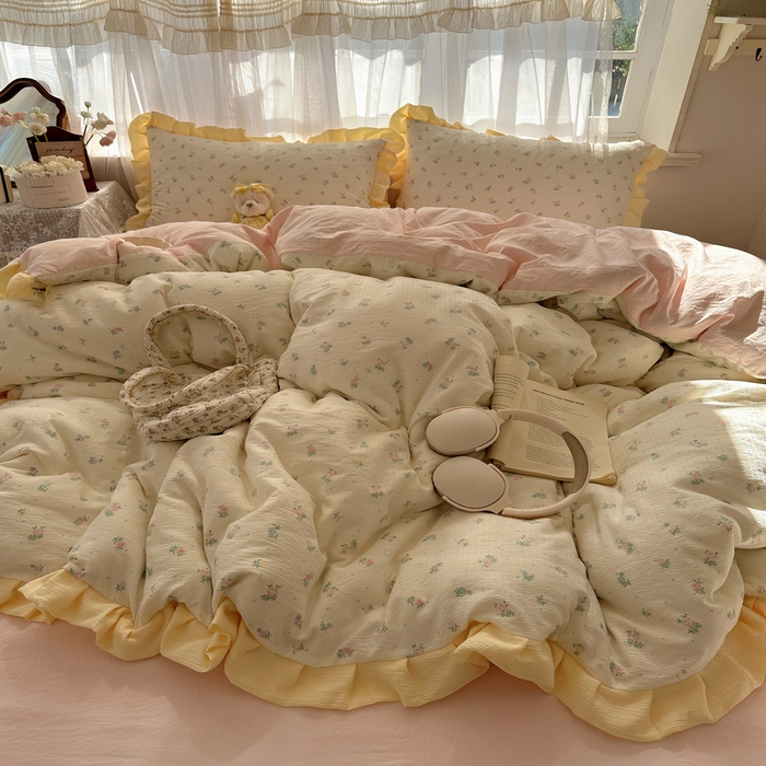 91家纺网 家纺一手货源 找家纺 顾里家纺 2025新款韩系花边皱皱纱四件套 韩系花花