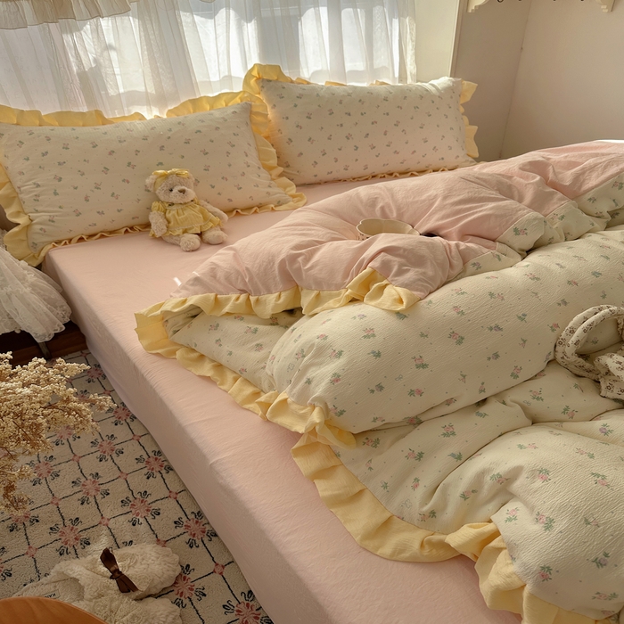 91家纺网 家纺一手货源 找家纺 顾里家纺 2025新款韩系花边皱皱纱四件套 韩系花花