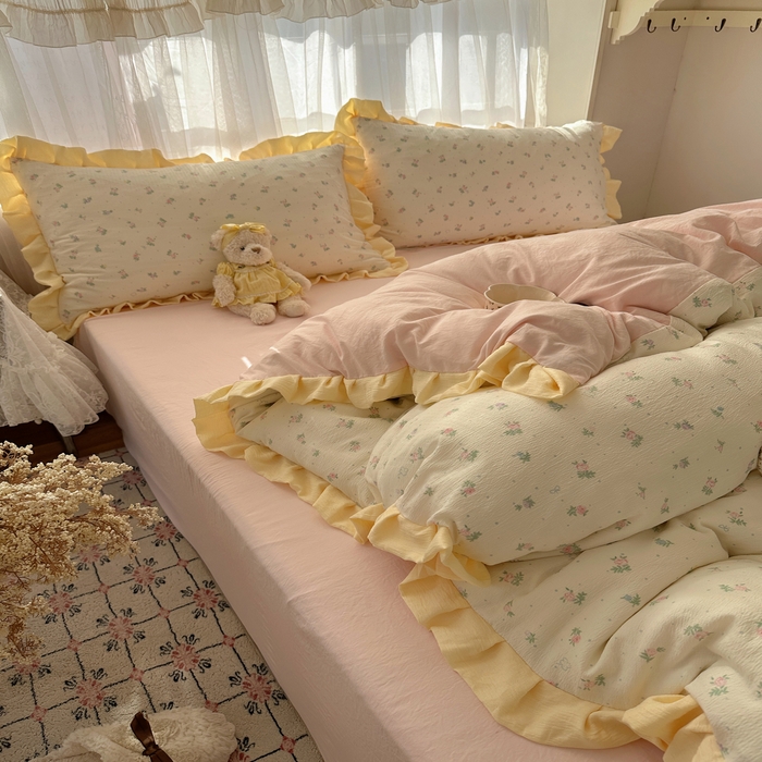 91家纺网 家纺一手货源 找家纺 顾里家纺 2025新款韩系花边皱皱纱四件套 韩系花花