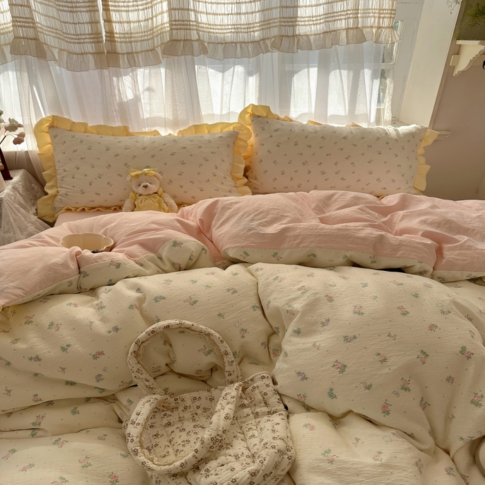 91家纺网 家纺一手货源 找家纺 顾里家纺 2025新款韩系花边皱皱纱四件套 韩系花花