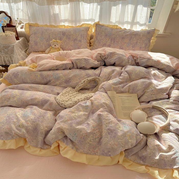 91家纺网 家纺一手货源 找家纺 顾里家纺 2025新款韩系花边皱皱纱四件套 花涧溪