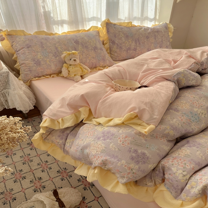 91家纺网 家纺一手货源 找家纺 顾里家纺 2025新款韩系花边皱皱纱四件套 花涧溪