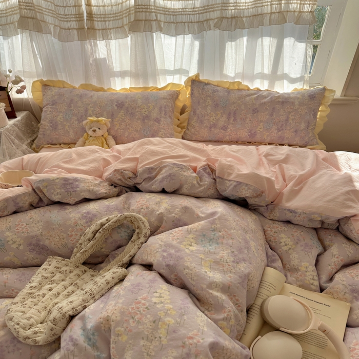 91家纺网 家纺一手货源 找家纺 顾里家纺 2025新款韩系花边皱皱纱四件套 花涧溪