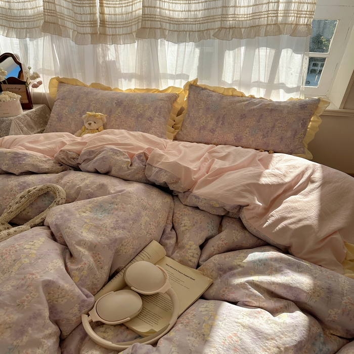 91家纺网 家纺一手货源 找家纺 顾里家纺 2025新款韩系花边皱皱纱四件套 花涧溪