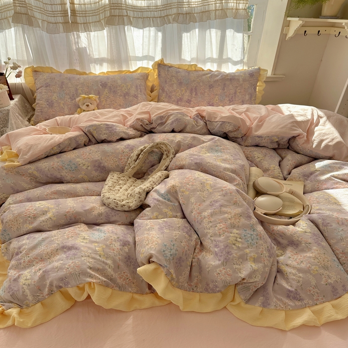 91家纺网 家纺一手货源 找家纺 顾里家纺 2025新款韩系花边皱皱纱四件套 花涧溪