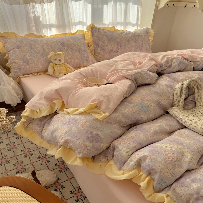 91家纺网 家纺一手货源 找家纺 顾里家纺 2025新款韩系花边皱皱纱四件套 花涧溪