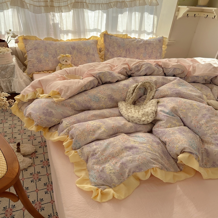 91家纺网 家纺一手货源 找家纺 顾里家纺 2025新款韩系花边皱皱纱四件套 花涧溪