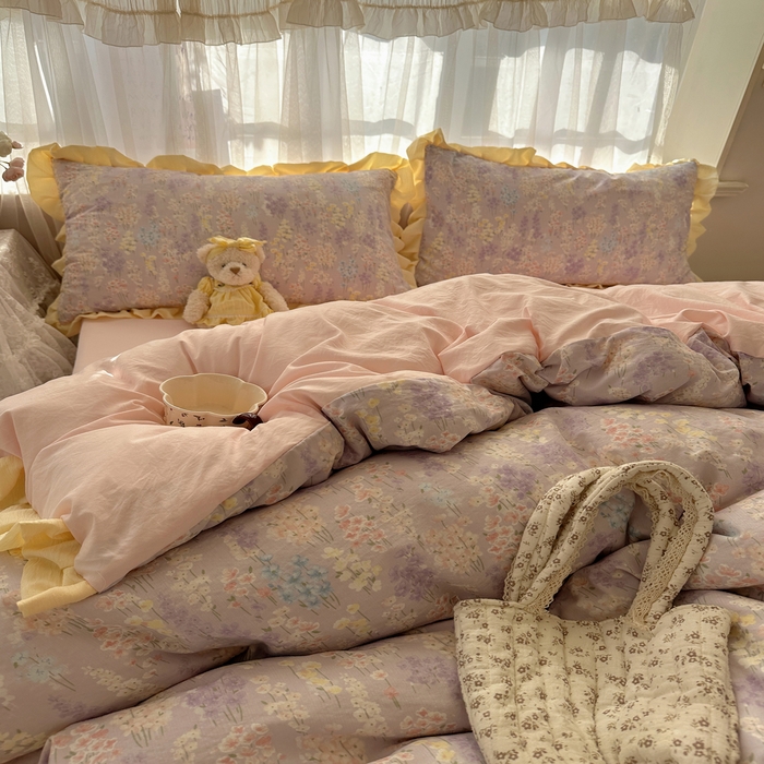 91家纺网 家纺一手货源 找家纺 顾里家纺 2025新款韩系花边皱皱纱四件套 花涧溪