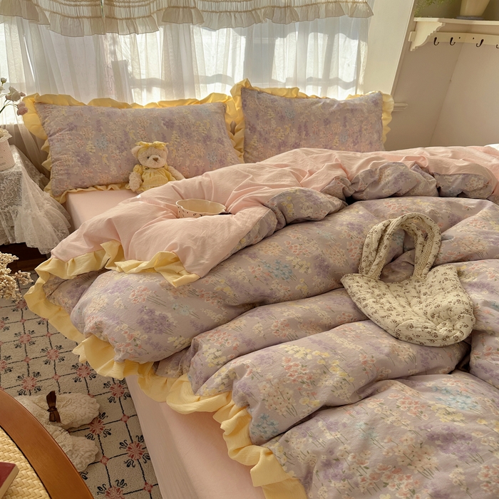 91家纺网 家纺一手货源 找家纺 顾里家纺 2025新款韩系花边皱皱纱四件套 花涧溪