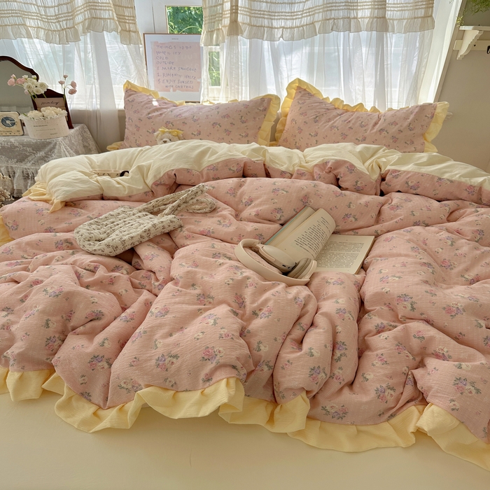 91家纺网 家纺一手货源 找家纺 顾里家纺 2025新款韩系花边皱皱纱四件套 花恋告白