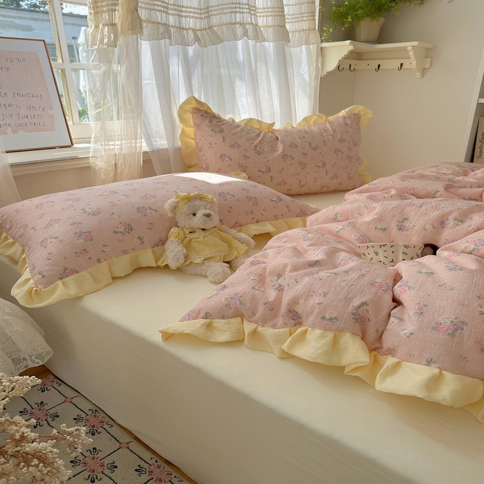 91家纺网 家纺一手货源 找家纺 顾里家纺 2025新款韩系花边皱皱纱四件套 花恋告白