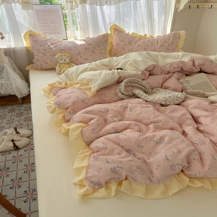 91家纺网 家纺一手货源 找家纺 顾里家纺 2025新款韩系花边皱皱纱四件套 花恋告白