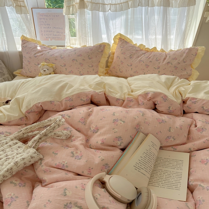 91家纺网 家纺一手货源 找家纺 顾里家纺 2025新款韩系花边皱皱纱四件套 花恋告白