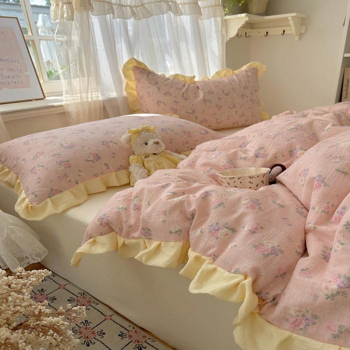 91家纺网 家纺一手货源 找家纺 顾里家纺 2025新款韩系花边皱皱纱四件套 花恋告白