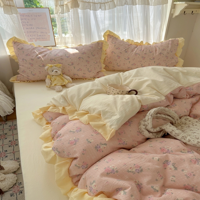 91家纺网 家纺一手货源 找家纺 顾里家纺 2025新款韩系花边皱皱纱四件套 花恋告白