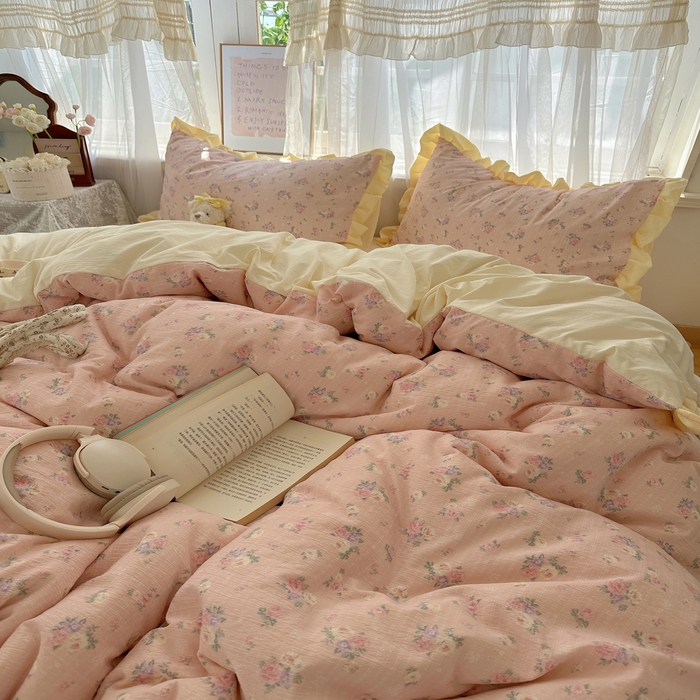 91家纺网 家纺一手货源 找家纺 顾里家纺 2025新款韩系花边皱皱纱四件套 花恋告白