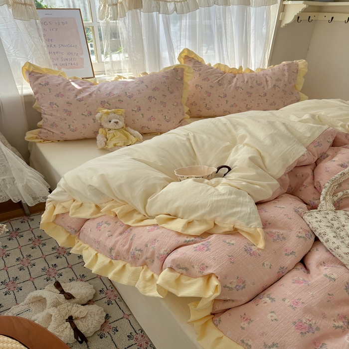 91家纺网 家纺一手货源 找家纺 顾里家纺 2025新款韩系花边皱皱纱四件套 花恋告白