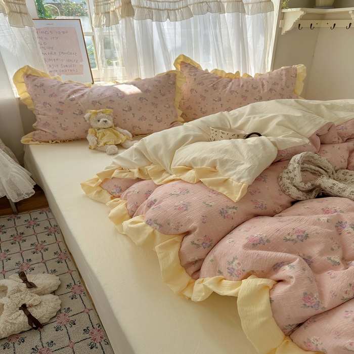 91家纺网 家纺一手货源 找家纺 顾里家纺 2025新款韩系花边皱皱纱四件套 花恋告白