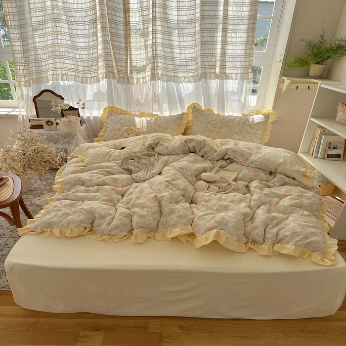 顾里家纺 2025新款韩系花边皱皱纱四件套 桔梗小屿