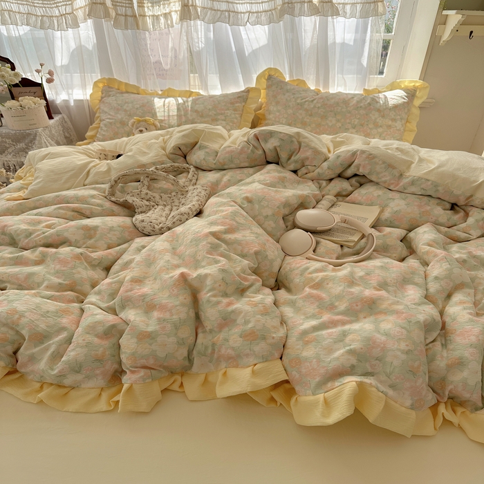 91家纺网 家纺一手货源 找家纺 顾里家纺 2025新款韩系花边皱皱纱四件套 桔梗小屿