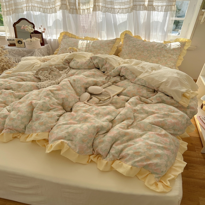 91家纺网 家纺一手货源 找家纺 顾里家纺 2025新款韩系花边皱皱纱四件套 桔梗小屿