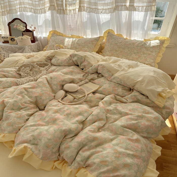 91家纺网 家纺一手货源 找家纺 顾里家纺 2025新款韩系花边皱皱纱四件套 桔梗小屿