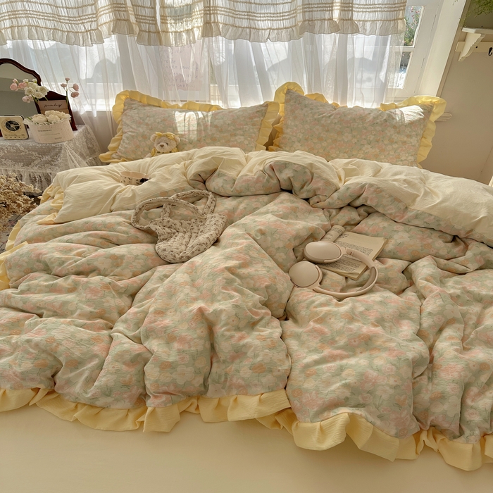 91家纺网 家纺一手货源 找家纺 顾里家纺 2025新款韩系花边皱皱纱四件套 桔梗小屿