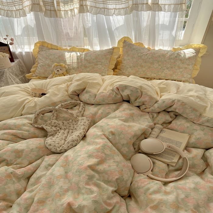 91家纺网 家纺一手货源 找家纺 顾里家纺 2025新款韩系花边皱皱纱四件套 桔梗小屿