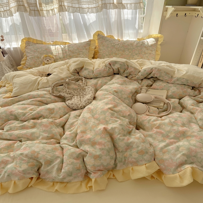 91家纺网 家纺一手货源 找家纺 顾里家纺 2025新款韩系花边皱皱纱四件套 桔梗小屿